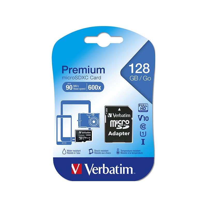 Verbatim Premium microSDXC Klasse 10 minnekort m. 128 GB og kameraadapter