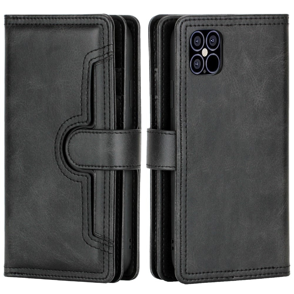 iPhone 12 Pro / 12 Leather Flip Cover m. Stor lommebok - Svart