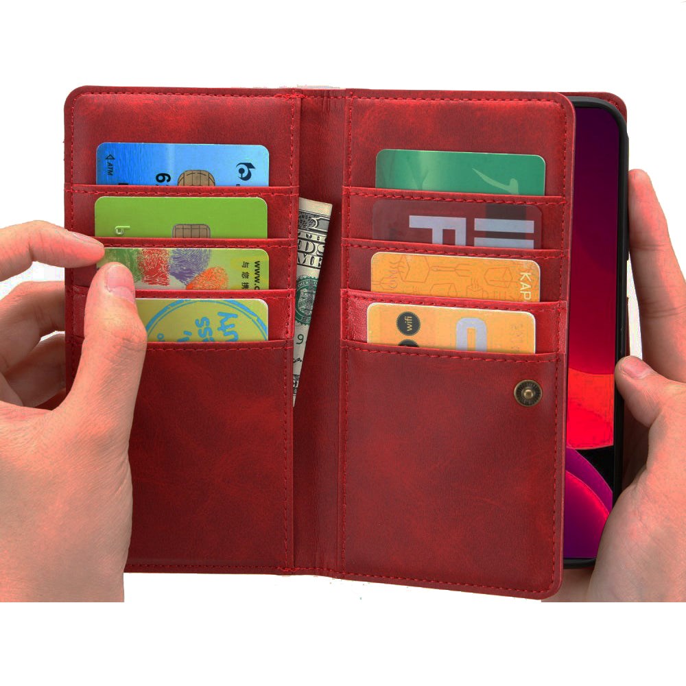 iPhone 12 Pro / 12 Leather Flip Cover m. Stor lommebok - rød