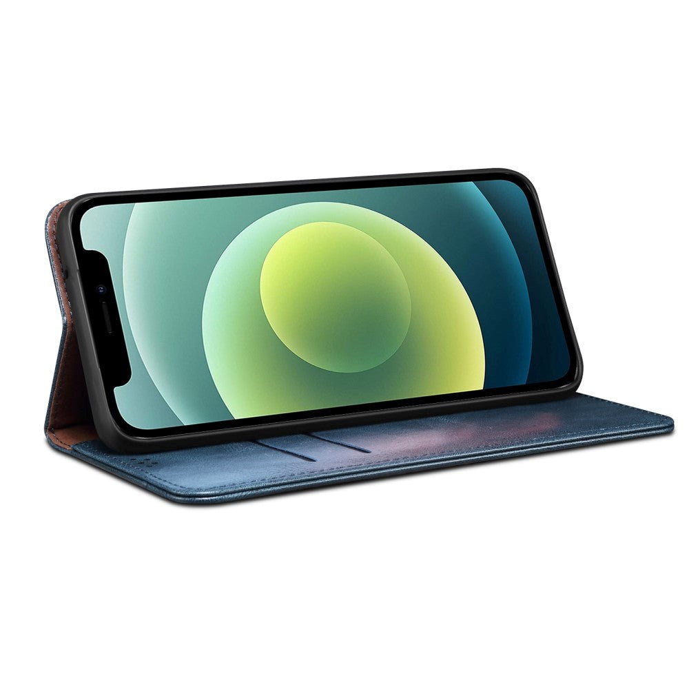 iPhone 13 Flip-deksel med toppknapp i skinn m. Lommebok - Blå