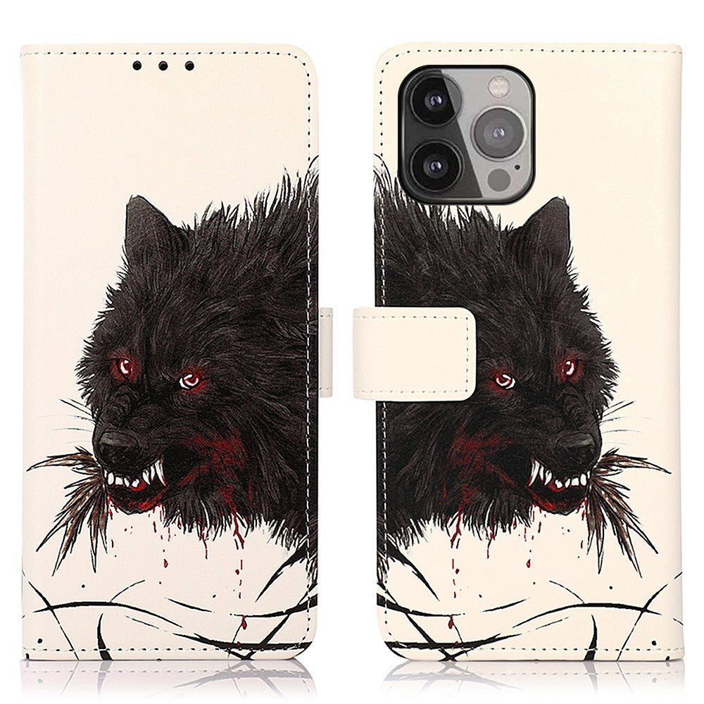 iPhone 13 Pro Max Leather Flip Cover m. Kortholder - Bloody Wolf