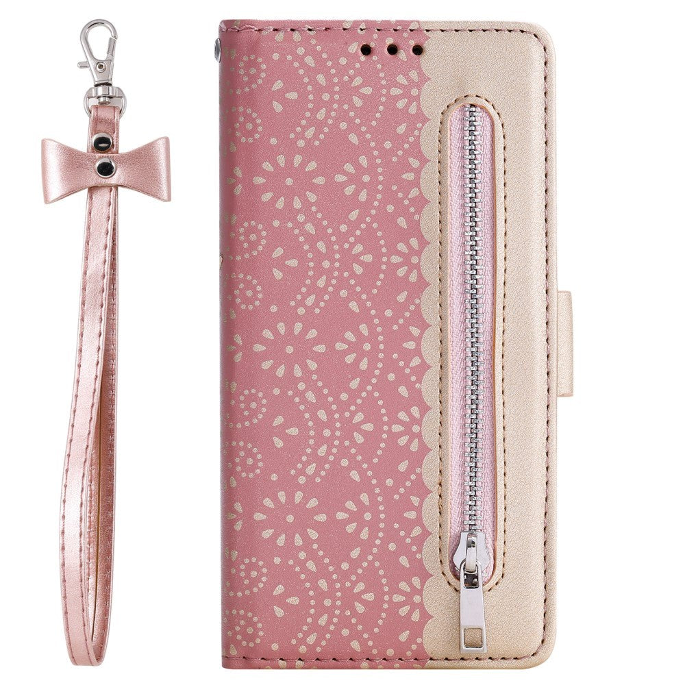 iPhone 13 Mini Leather Flip Cover m. Lommebok - Blondetrykk - Rosa & Gull