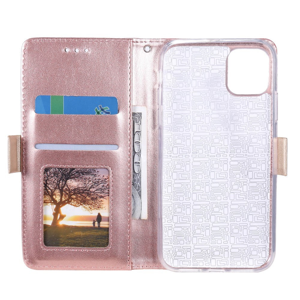 iPhone 13 Mini Leather Flip Cover m. Lommebok - Blondetrykk - Rosa & Gull
