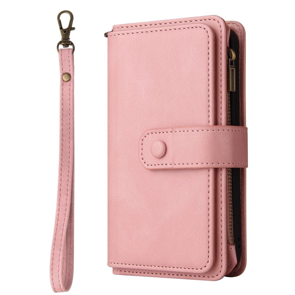 iPhone SE (2022 / 2020) / 8 / 7 Faux Leather Flip Cover - Stropp og lommebok m. 15 kortholdere - rosa