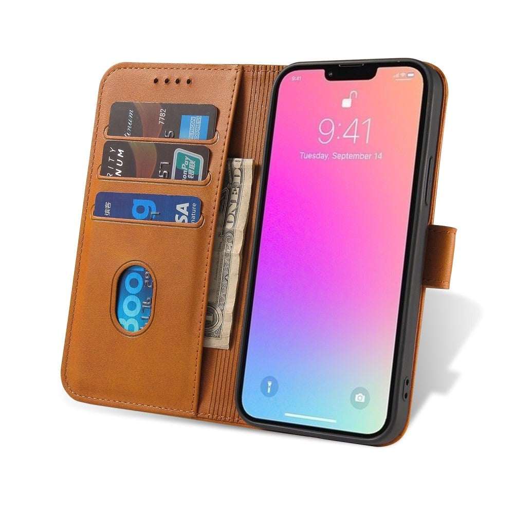 iPhone 13 Leather Flip Cover m. Lommebok og magnetisk lukking - lysebrun