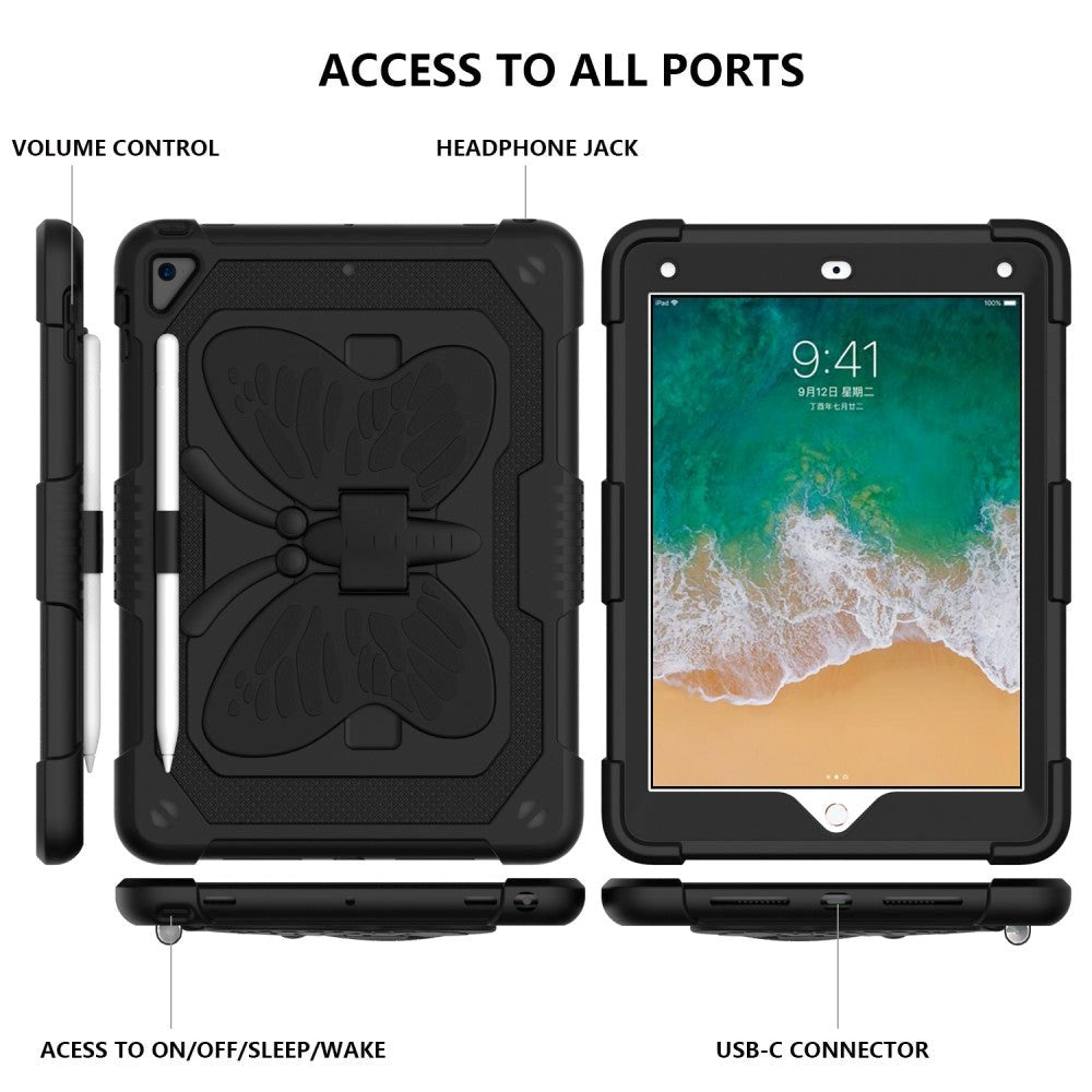 iPad (2018) / iPad (2017) / iPad Air 2 Butterfly Kickstand Kids Case - Svart