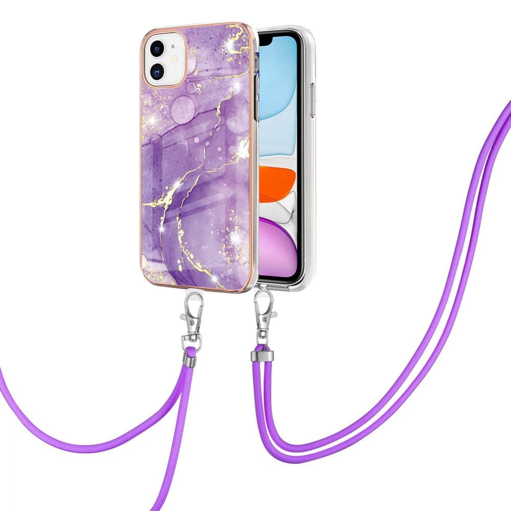 iPhone 11 Marble Hybrid Bakdeksel m. Justerbar stropp - Rose Lilla