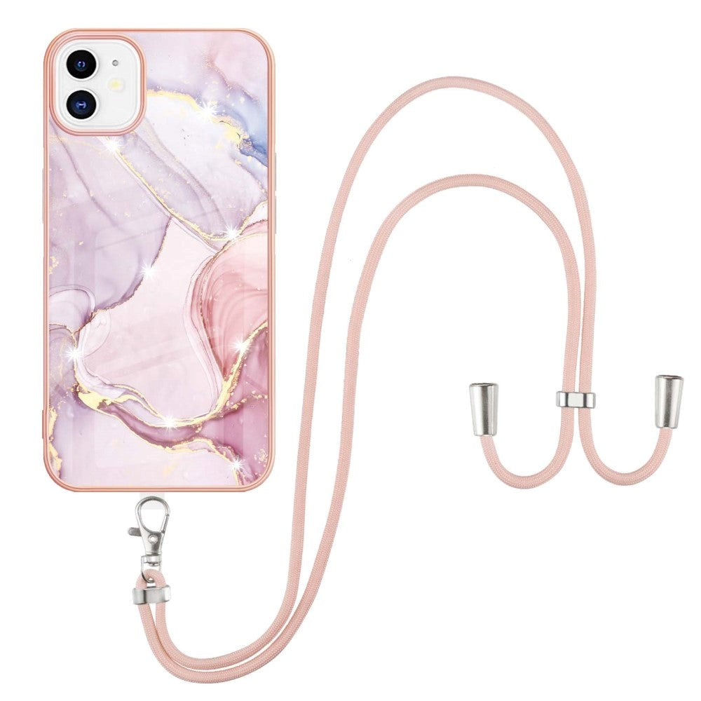 iPhone 11 Marble Hybrid Bakdeksel m. Justerbar stropp - Rosa