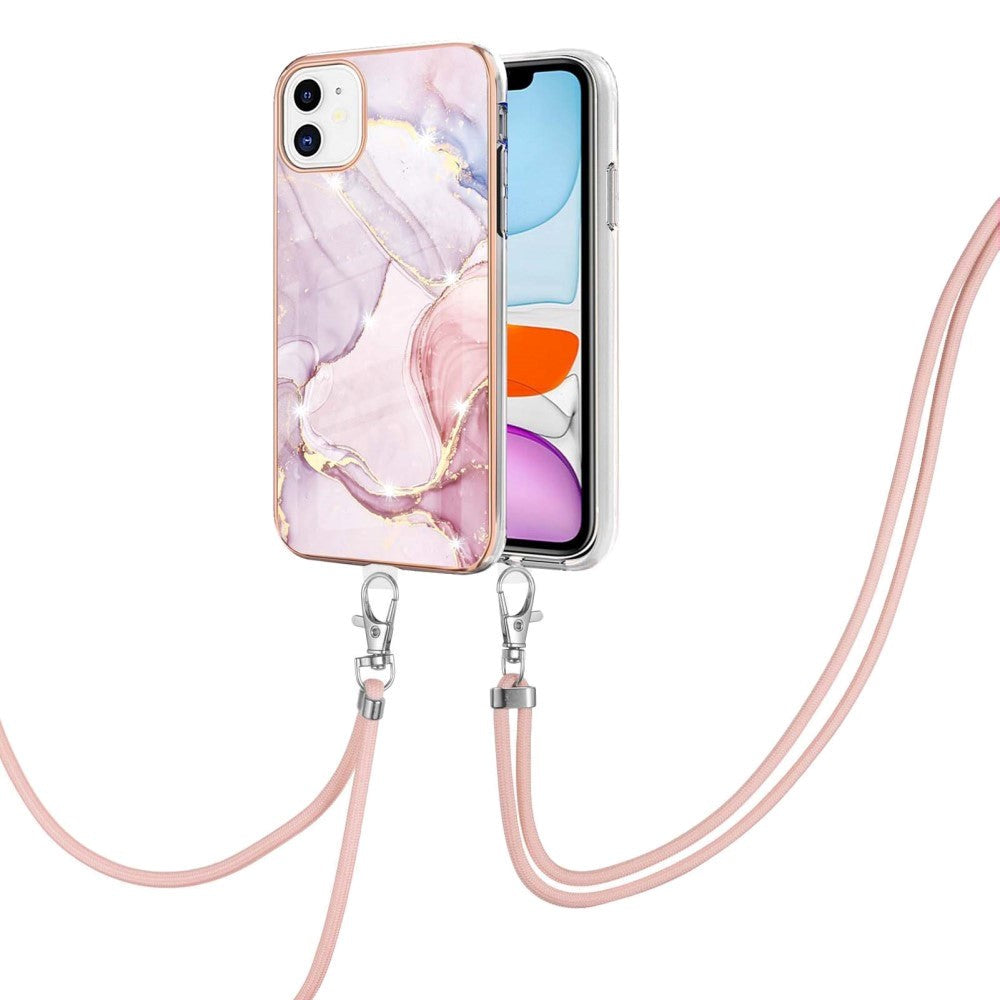 iPhone 11 Marble Hybrid Bakdeksel m. Justerbar stropp - Rosa
