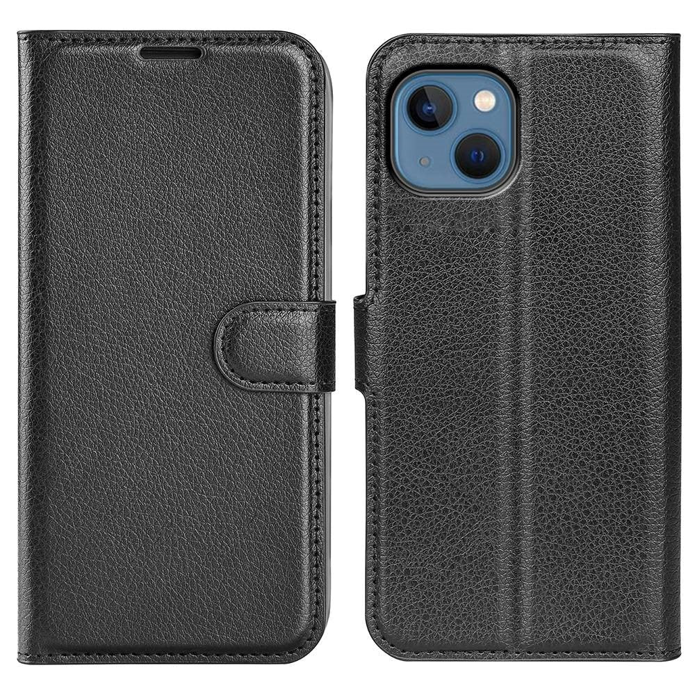 iPhone 14 PU Litchi Leather Flip Cover m. Lommebok og stativfunksjon - svart