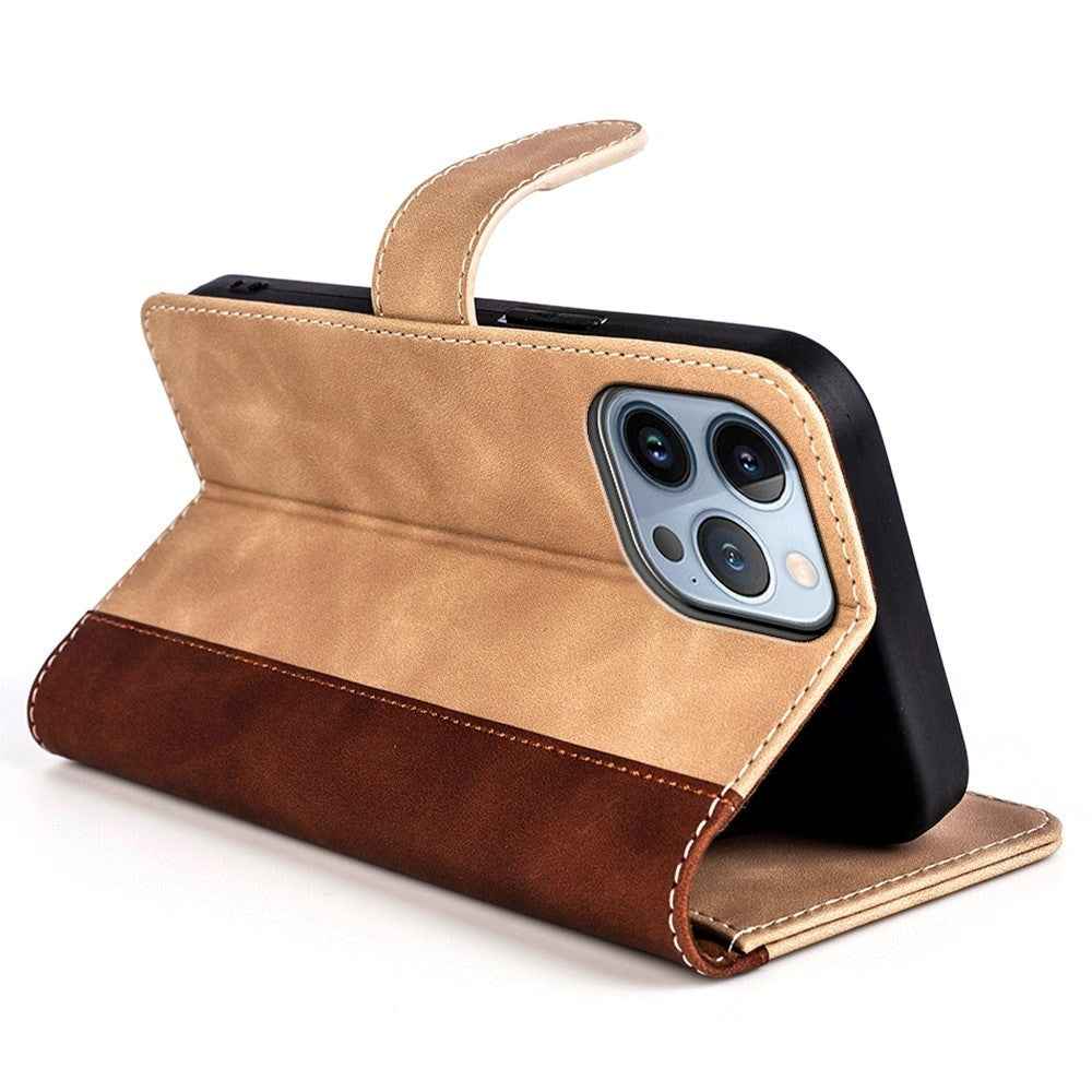 iPhone 14 Pro Multifarvet Læder Flip Cover m. Kortholder - Mørk / Lys Brun