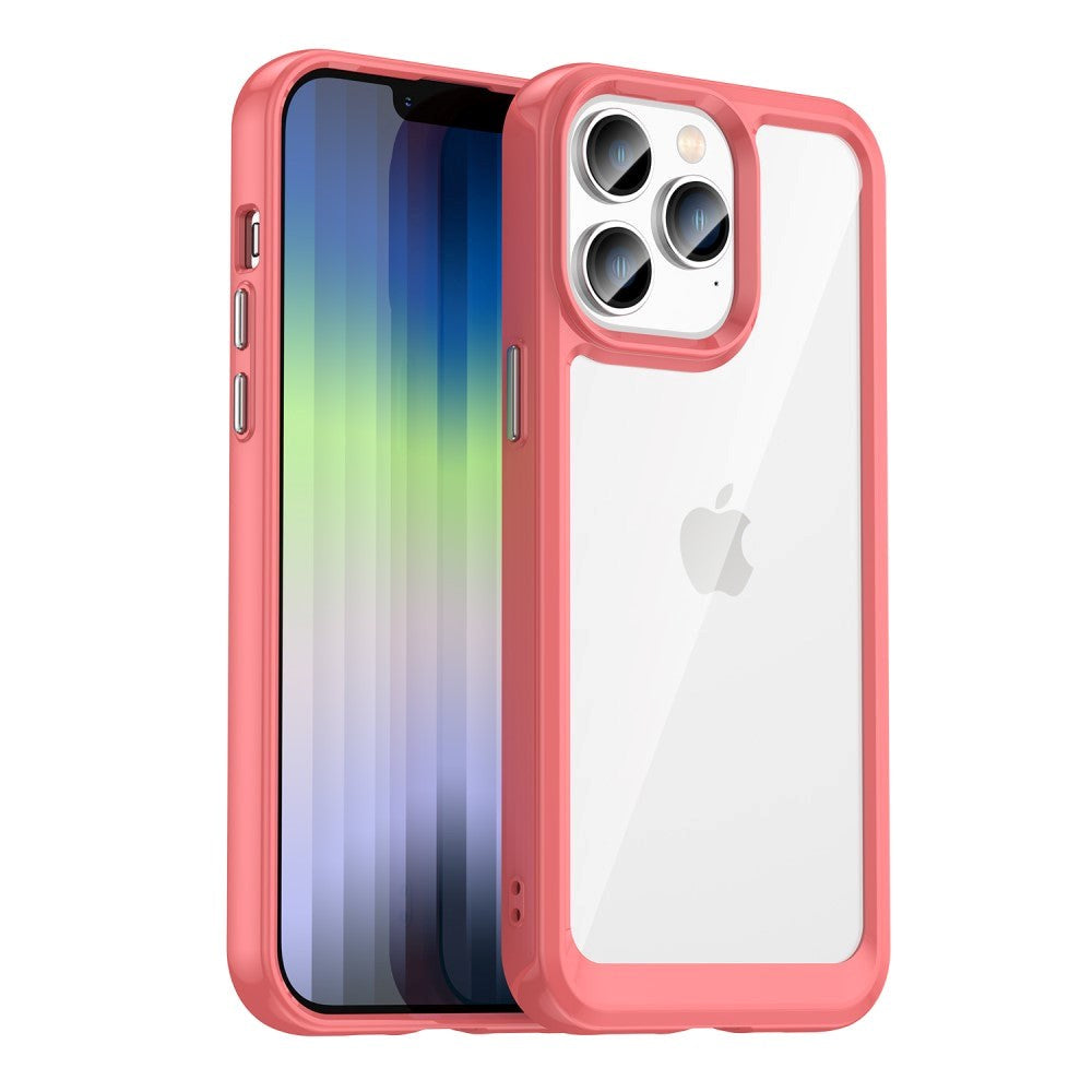 iPhone 14 Pro Hybrid Plastik Bagside Cover - Gennemsigtig / Rød