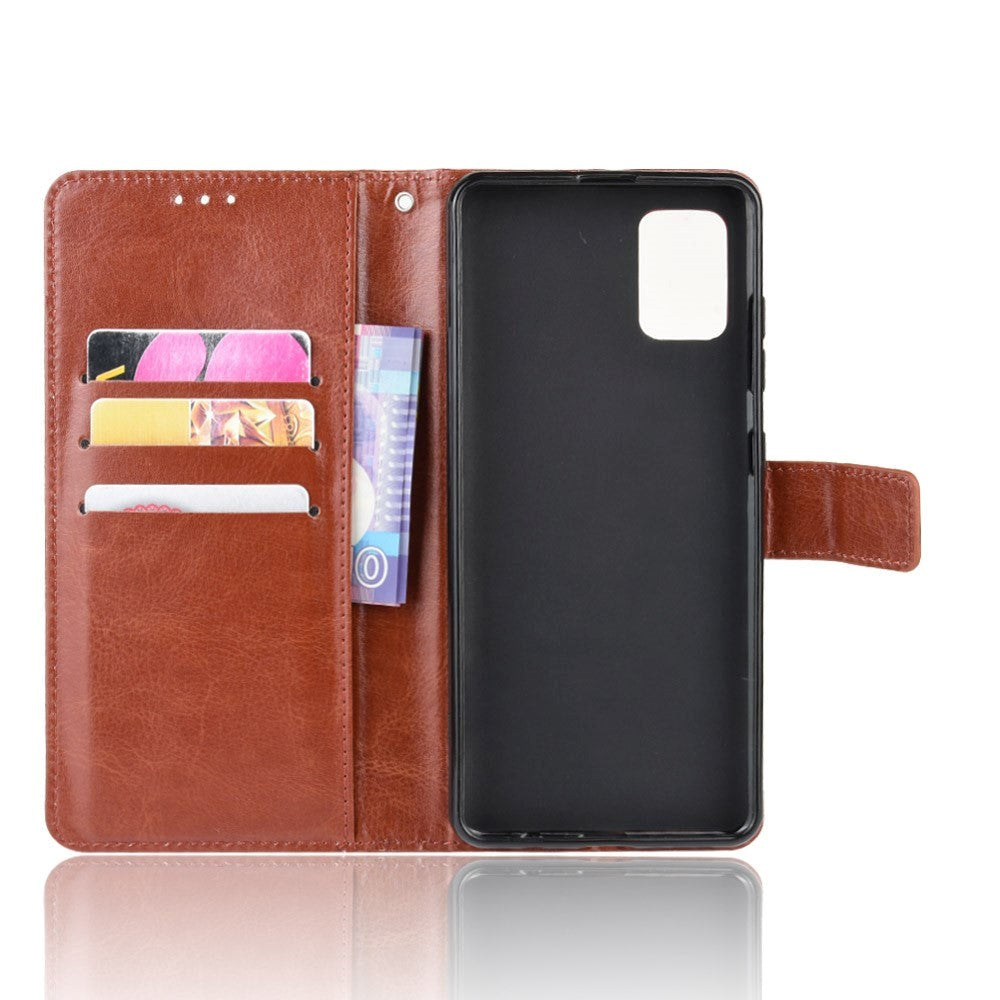 Samsung Galaxy A51 Leather Flip Cover m. Stativ og stropp - brun