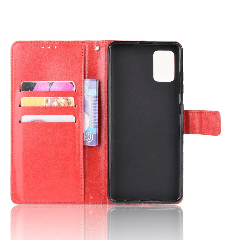 Samsung Galaxy A51 Leather Flip Cover m. Stativ og stropp - Rød