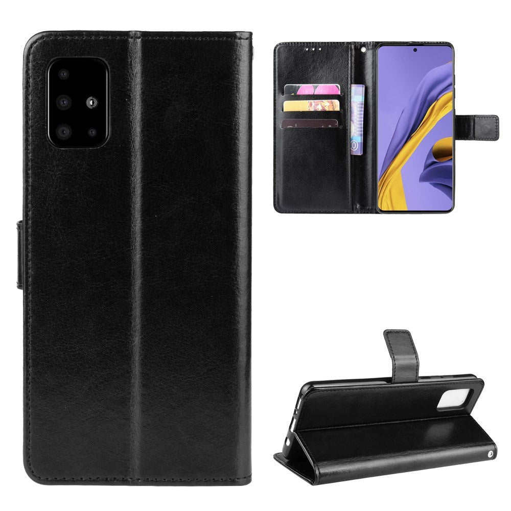 Samsung Galaxy A51 Leather Flip Cover m. Stativ og stropp - Svart