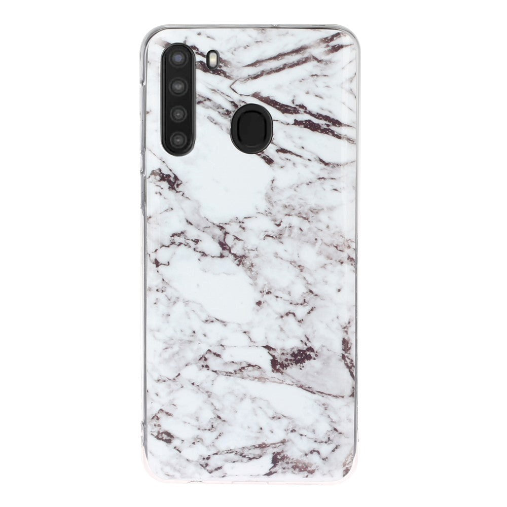 Samsung Galaxy A21 fleksibelt plastdeksel m. Marmortrykk - Hvit marmor