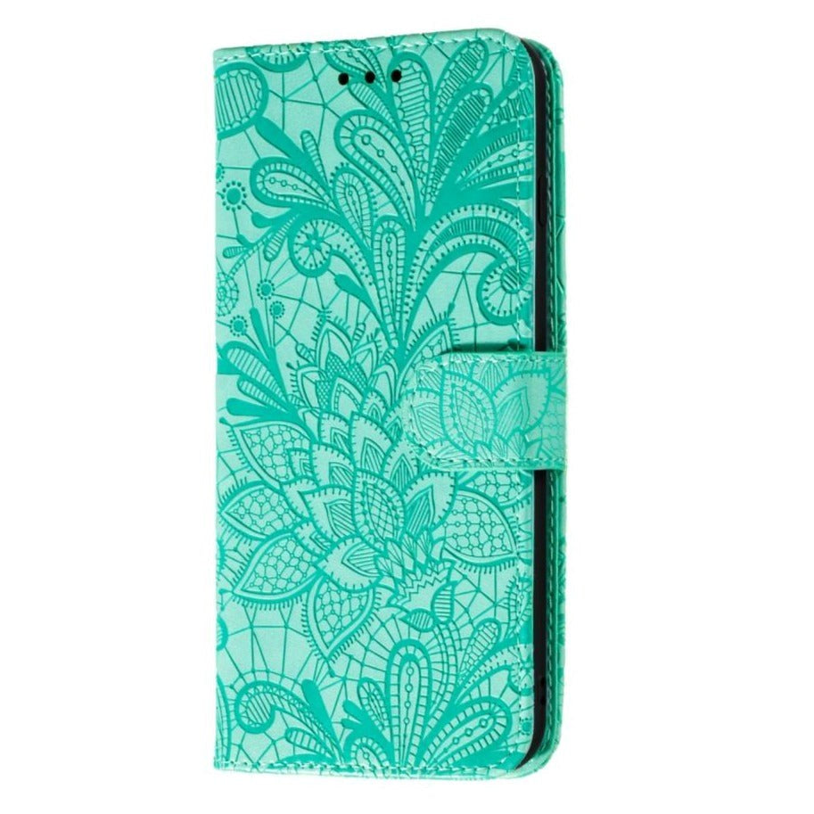 Samsung Galaxy M11 Floral Lace Leather Flip Cover m. Lommebok - Turkis