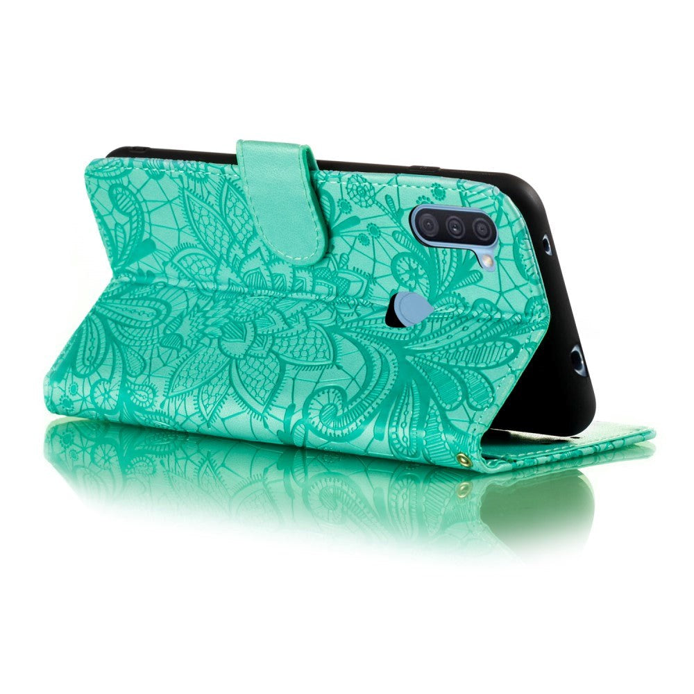 Samsung Galaxy M11 Floral Lace Leather Flip Cover m. Lommebok - Turkis