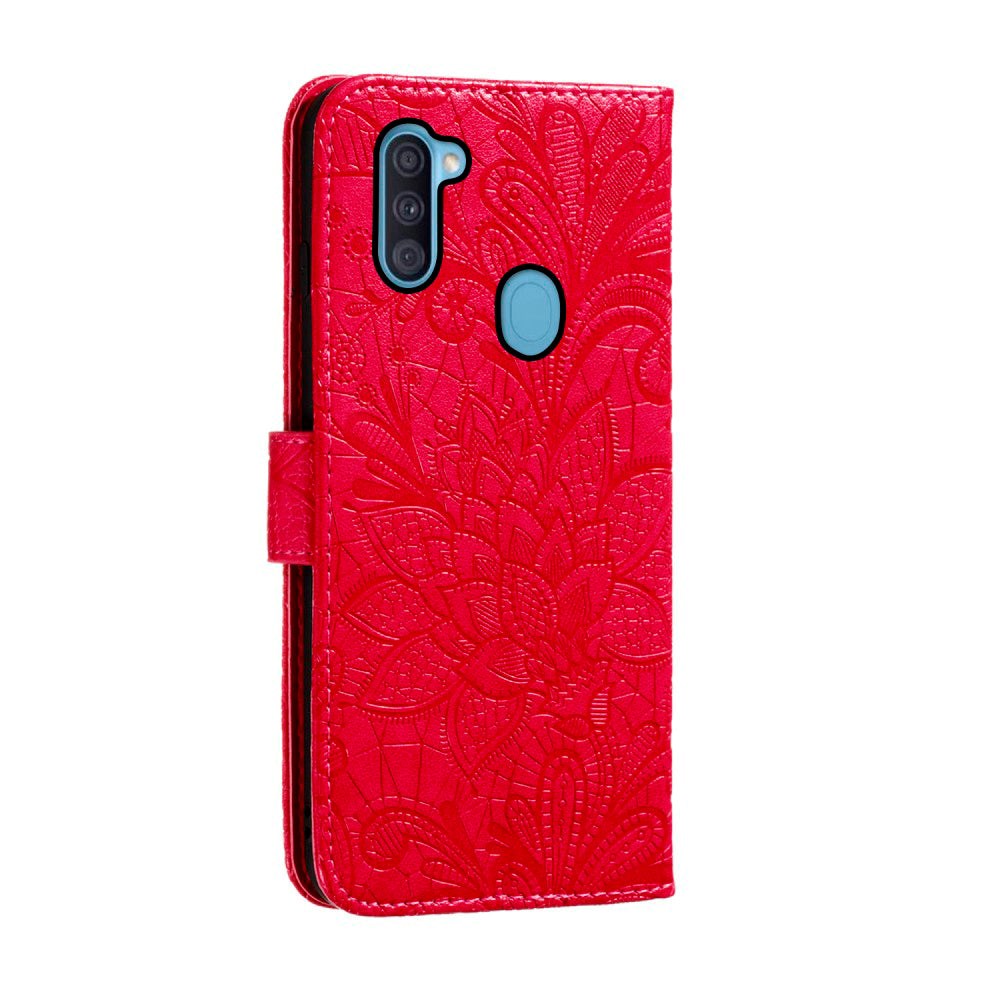 Samsung Galaxy M11 Floral Lace Leather Flip Cover m. Lommebok - Rød