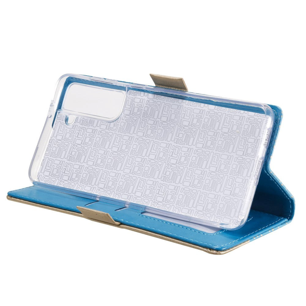 Samsung Galaxy S21+ (Plus) skinndeksel m. Lommebok - Blondetrykk - Blå / Gull