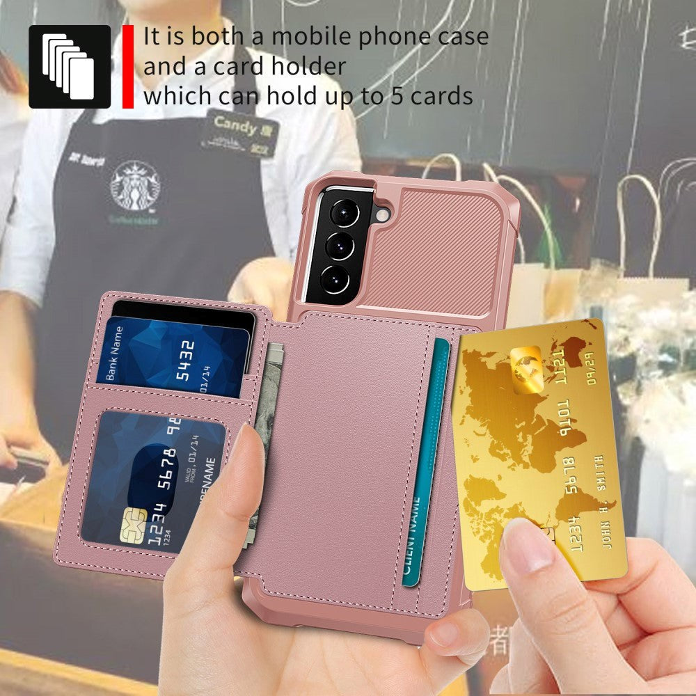 Samsung Galaxy S21 deksel m. Skinnlommebok og stativ - Rose gull