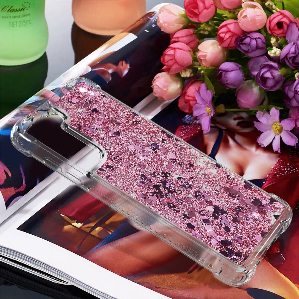 Samsung Galaxy S21 FE (5G) Transparent Glitter Bakdeksel - Rosa hjerter