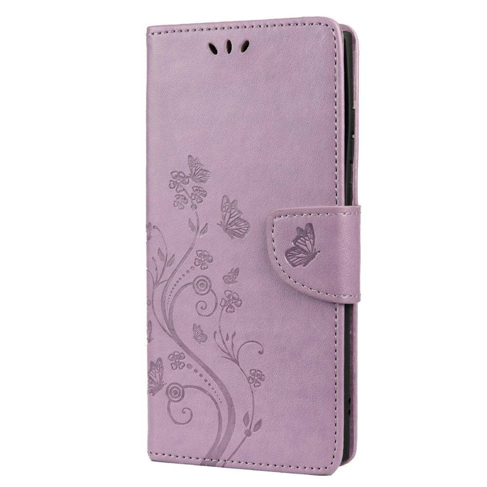 Samsung Galaxy S22 Ultra Leather Flip Deksel m. Veske sommerfugler og blomster - lilla