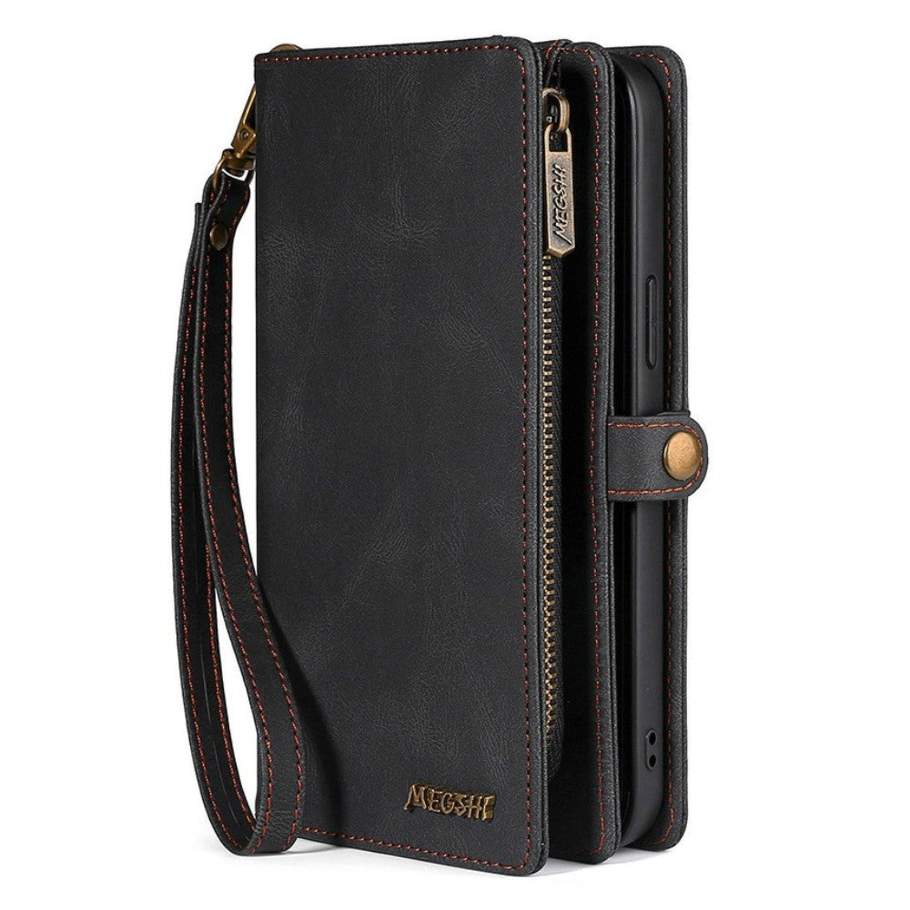 Samsung Galaxy S21 FE (5G) MEGSHI 2-i-1 Magnetisk Læder Flip Cover med Stor Kortholder- Sort