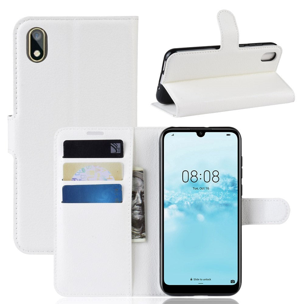 Huawei Y5 (2019) Litchi Leather Flip Cover m. Lommebok - Hvit