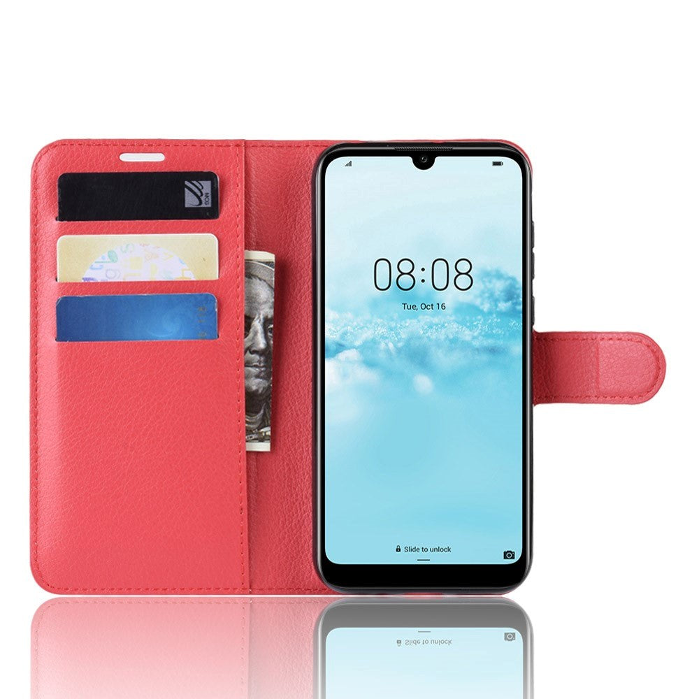 Huawei Y5 (2019) Litchi Leather Flip Cover m. Lommebok - Rød