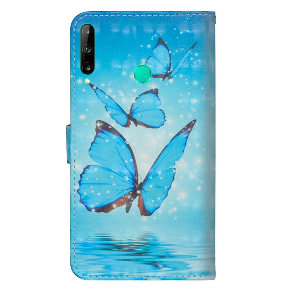 Huawei P40 Lite Light Spot Leather Cover m. Kortholder og snor - blå sommerfugler