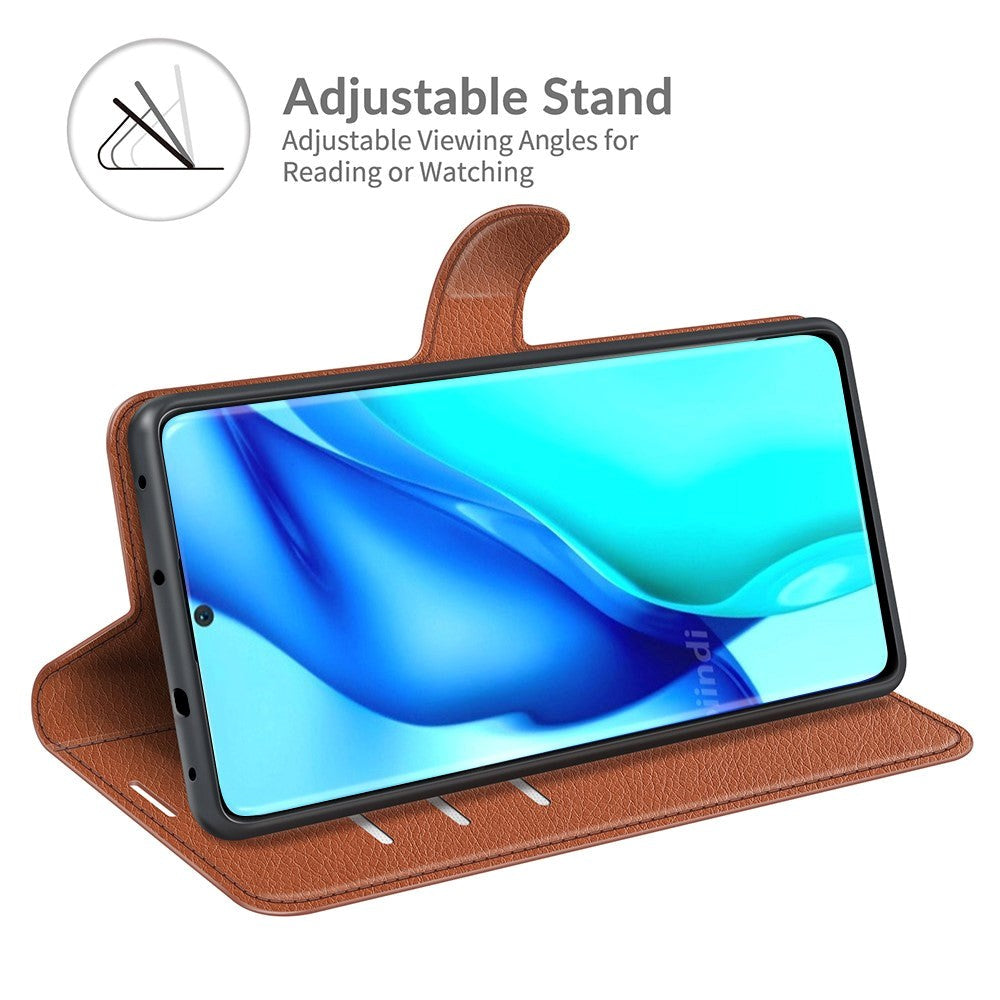 Huawei P50 Pro Litchi Leather Flip Cover m. Lommebok - Brun