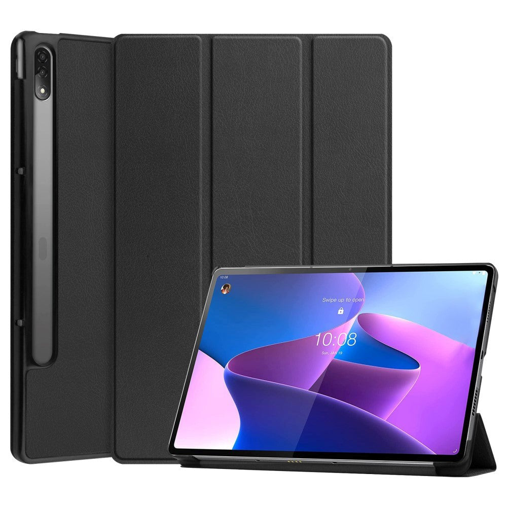 Lenovo Tab P12 Pro Tri-Fold Leather Flip Cover - Svart