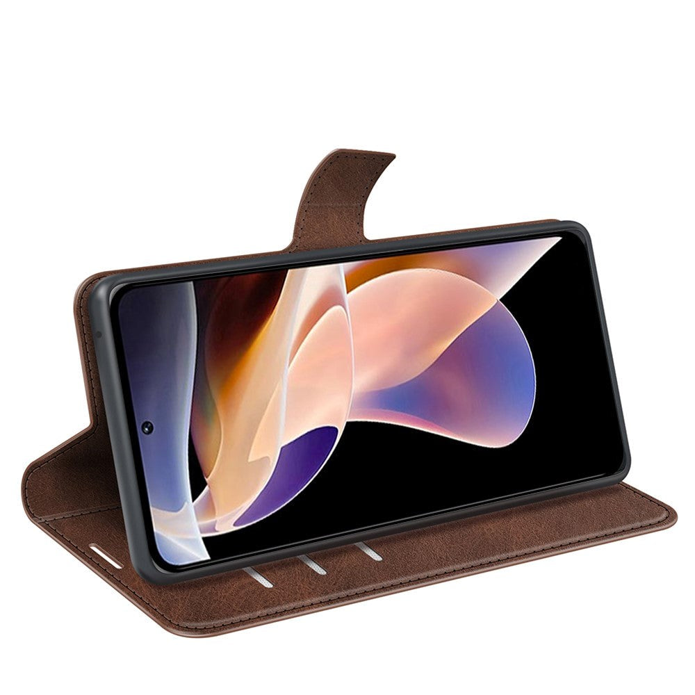 Xiaomi Redmi Note 11 Pro+ (pluss) flippdeksel i skinn m. Kortholder & Magnetisk Åpne/Lukke funksjon - Mørkebrun