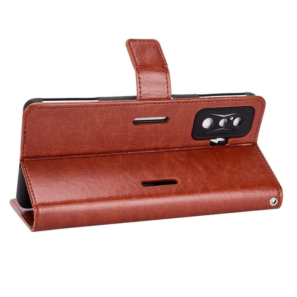 Xiaomi Poco F4 GT glanset lær flipdeksel m. Lommebok og stropp - brun