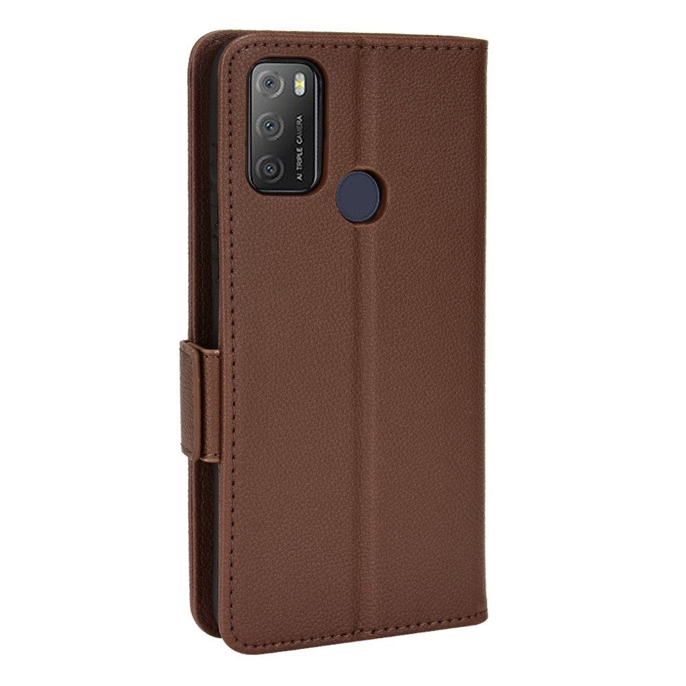Alcatel 1S (2021) / 3L (2021) PU Litchi Leather Flip Cover m. Lommebok - Brun