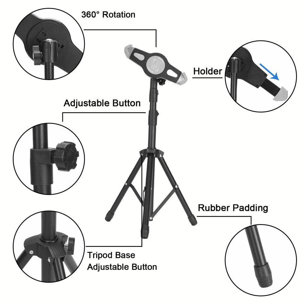 Tablet Tripod Stativ m. Justerbar Tablet Holder - Sort
