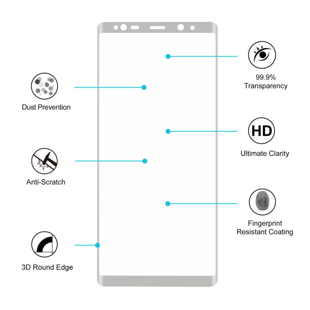 Samsung Galaxy Note 8 HAT PRINCE Skjermbeskytter i herdet glass (full størrelse med kurver) - Sølv