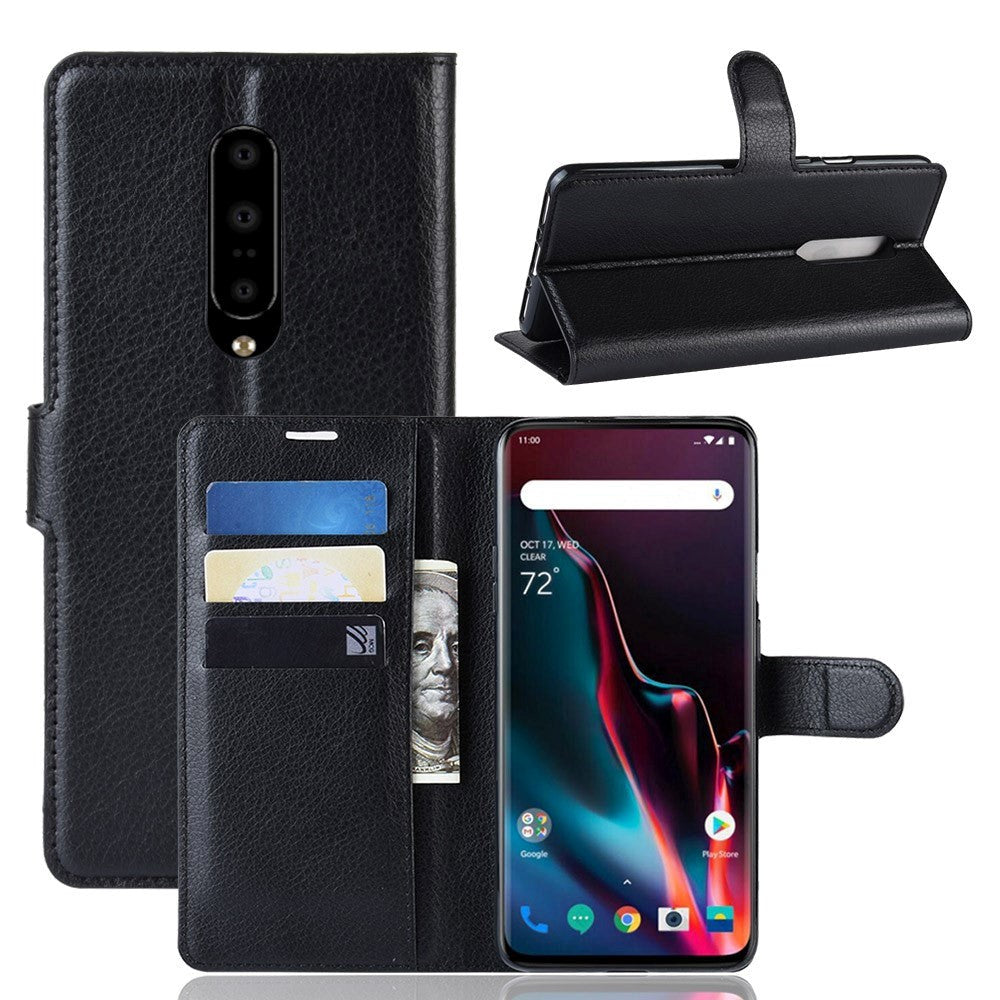 OnePlus 7 Pro Leather Flip Cover m. Lommebok og stativ - Svart