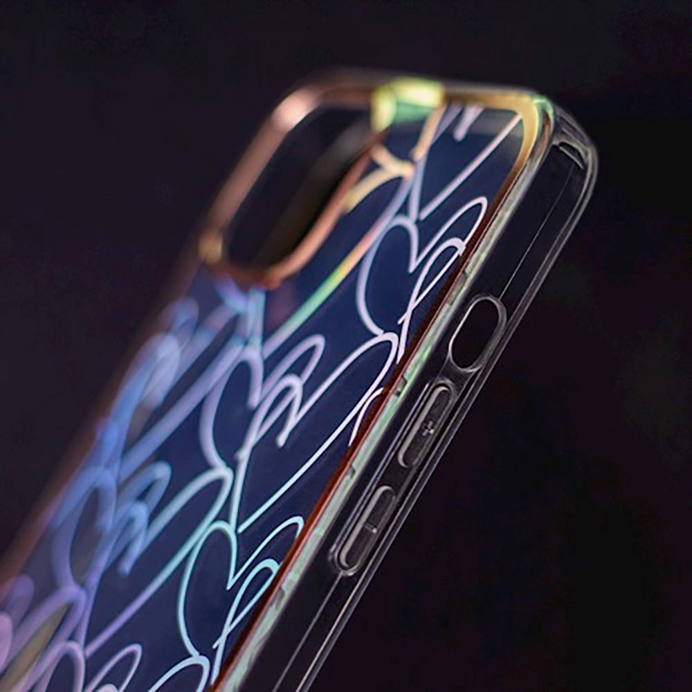 iPhone 13 Pro Hybrid Plastic Bakdeksel m. Holografisk trykk - Hjertemotiv - Gjennomsiktig