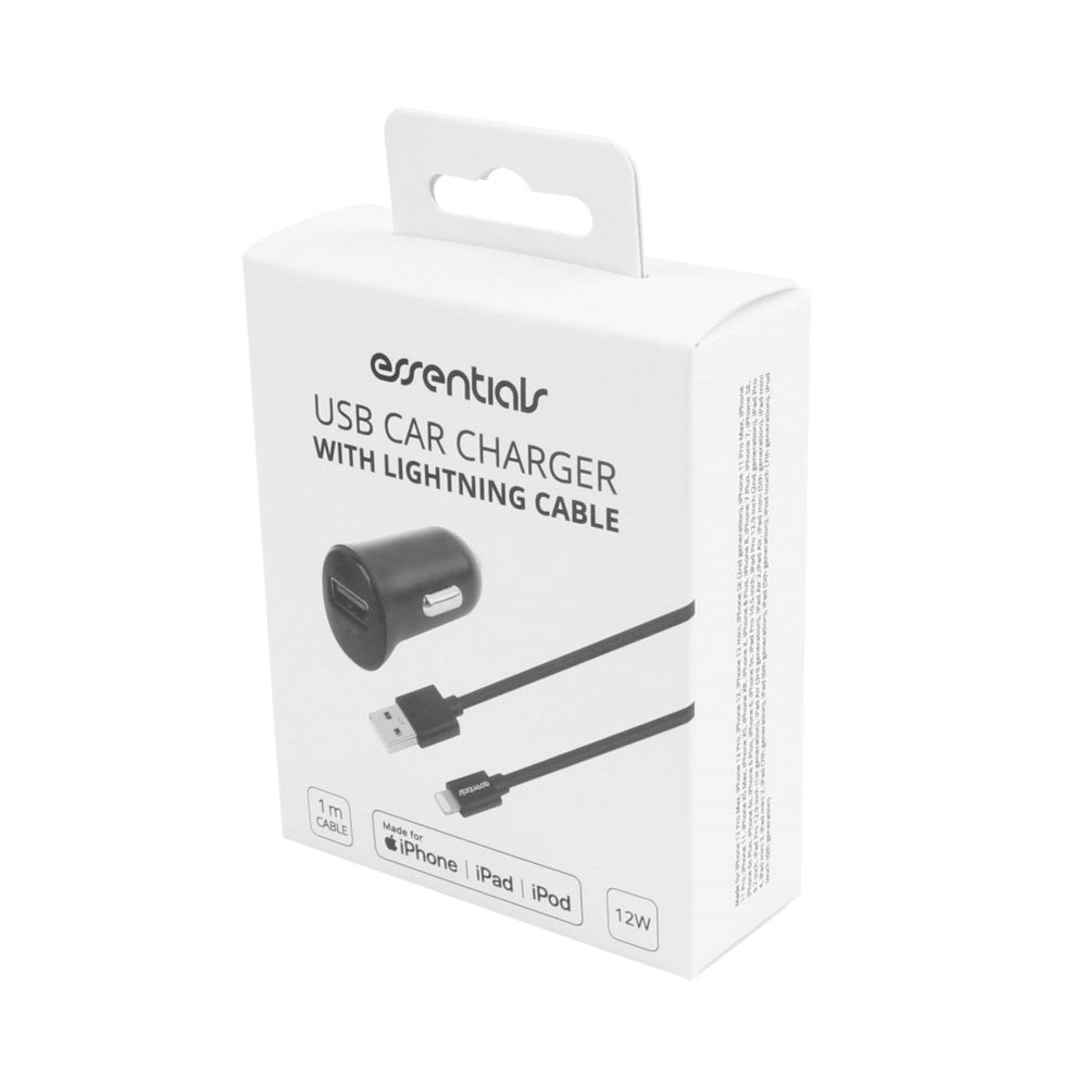 Essentials 12W Biloplader m. Lightning Kabel - 1m - Sort