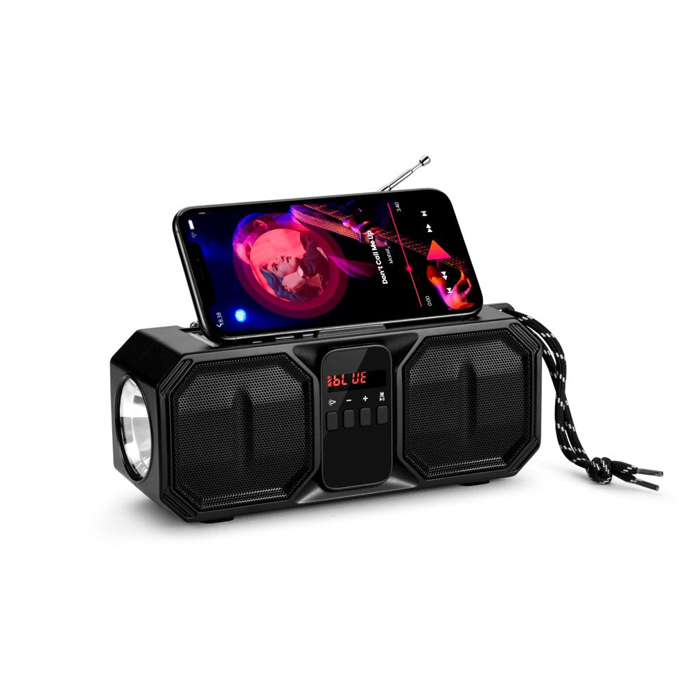 Denver Solcelledrevet Trådløs Bluetooth Højtaler m. Indbygget FM Radio & Lommelygte - Sort