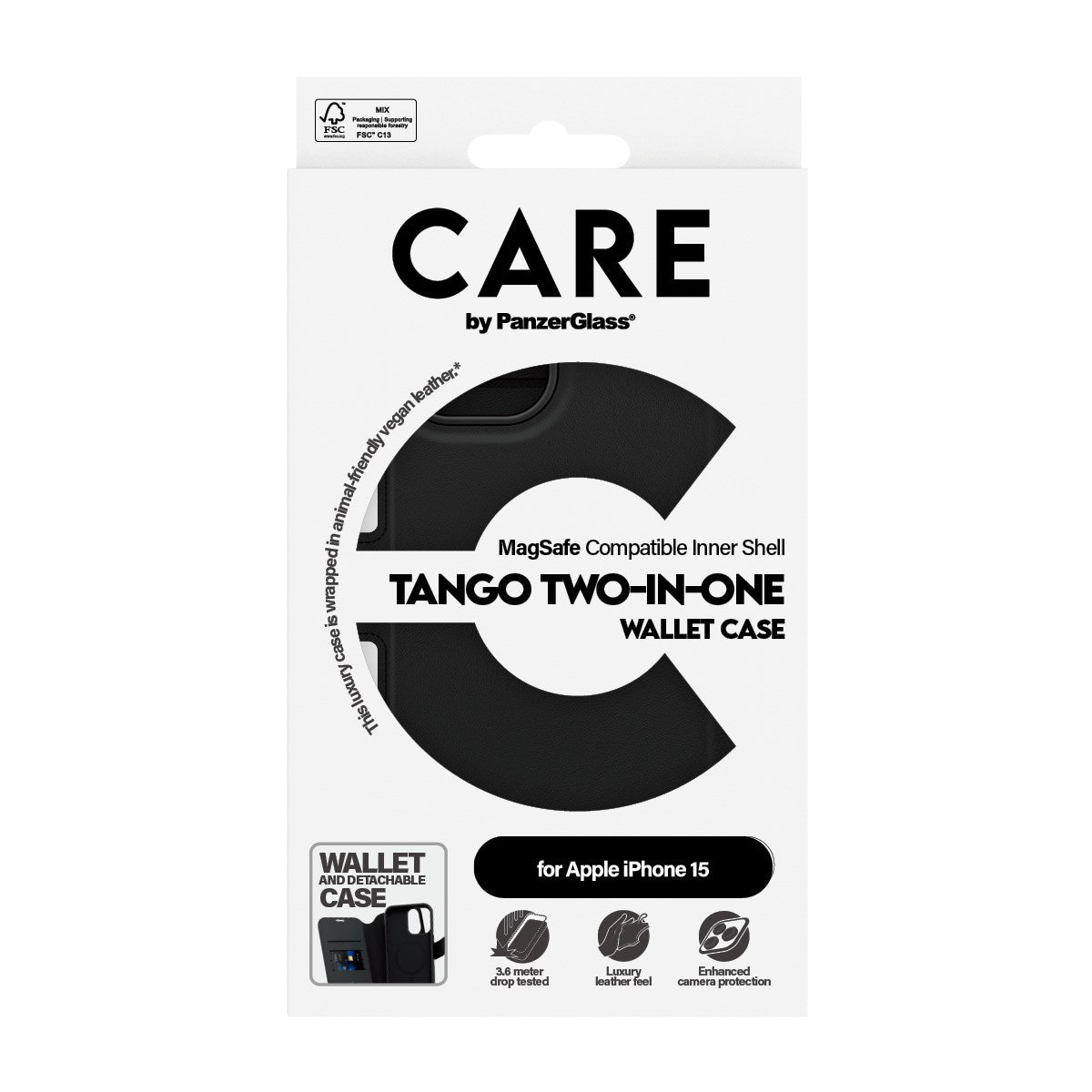CARE by PanzerGlass iPhone 15 Feature Tango 2-i-1 Flip Cover m. Lommebok - Svart