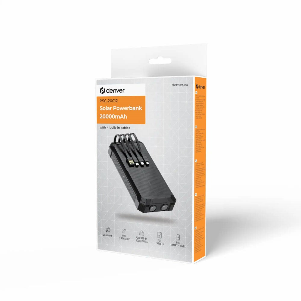 Denver Solcelle PowerBank m. Indbygget Kabel - 20.000 mAh - Sort
