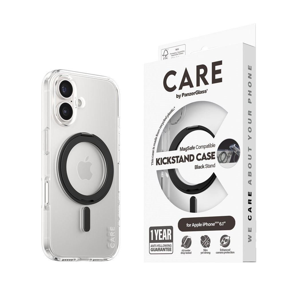 CARE by PanzerGlass iPhone 16 Feature Kickstand Cover - MagSafe-kompatibel - Gjennomsiktig / Svart