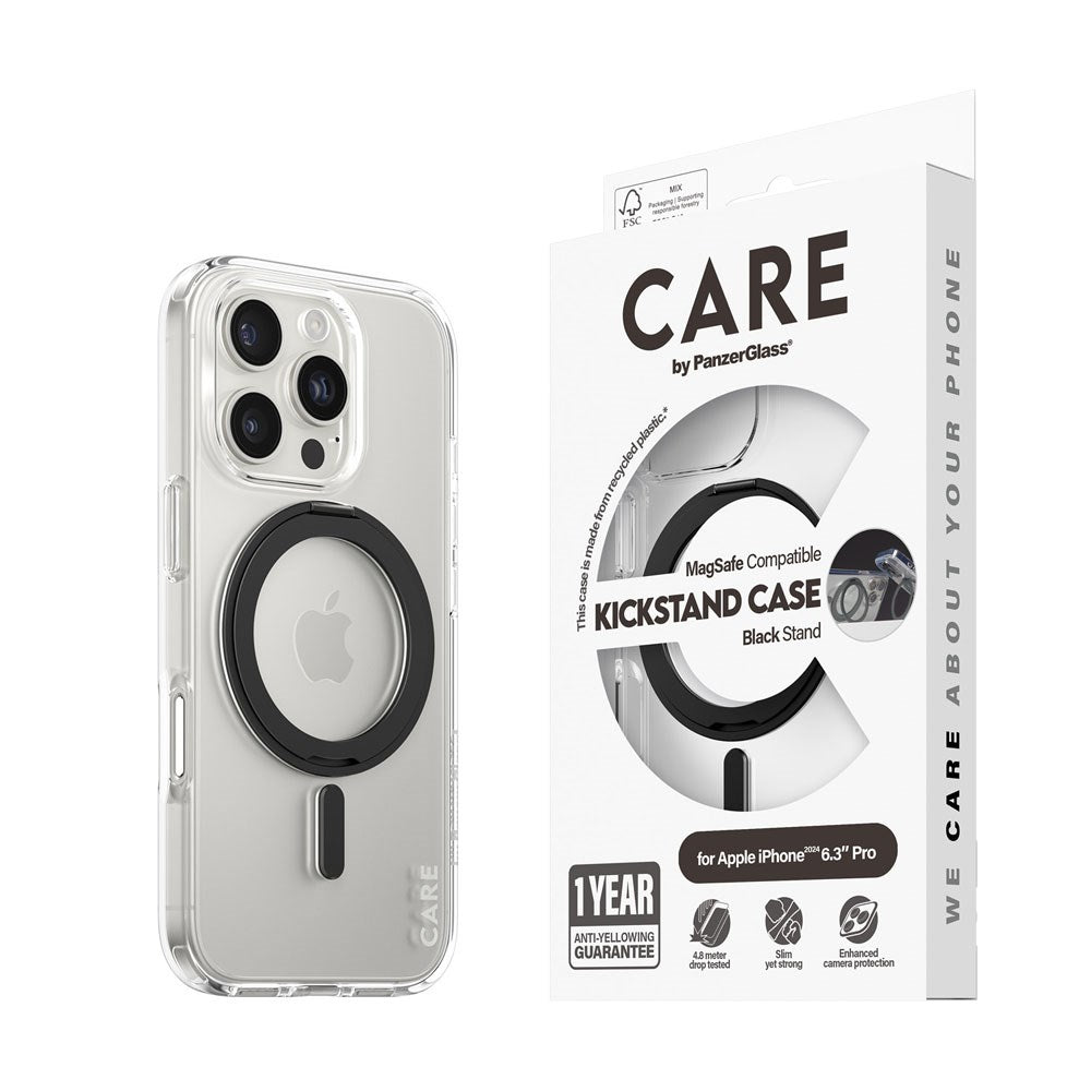 CARE by PanzerGlass iPhone 16 Pro Feature Kickstand Cover - MagSafe-kompatibel - Gjennomsiktig / Svart