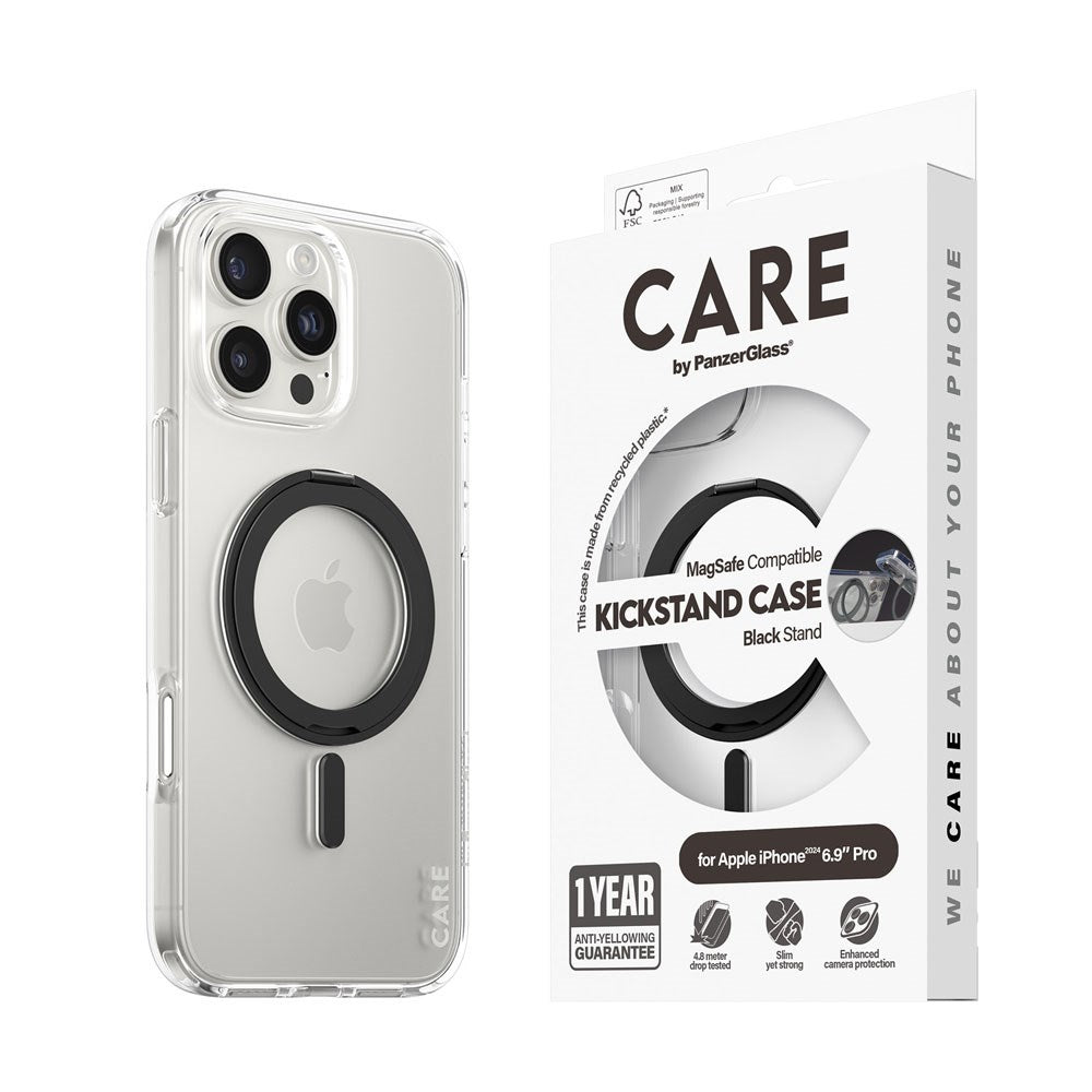 CARE by PanzerGlass iPhone 16 Pro Max Feature Kickstand Cover - MagSafe-kompatibel - Gjennomsiktig / Svart