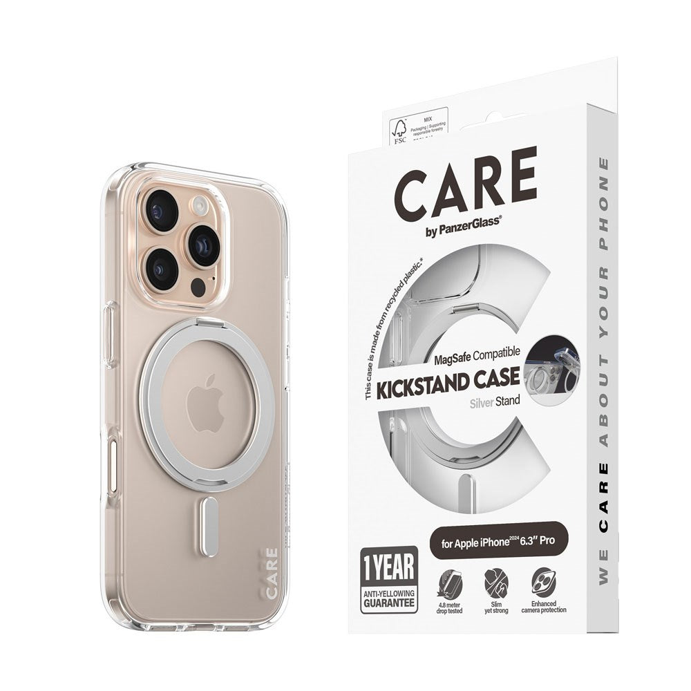 CARE by PanzerGlass iPhone 16 Pro Feature Kickstand Cover - MagSafe-kompatibel - Gjennomsiktig / Sølv