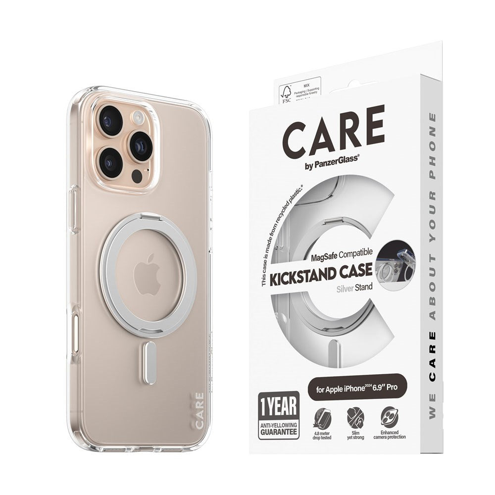 CARE by PanzerGlass iPhone 16 Pro Max Feature Kickstand Cover - MagSafe-kompatibel - Gjennomsiktig / Sølv