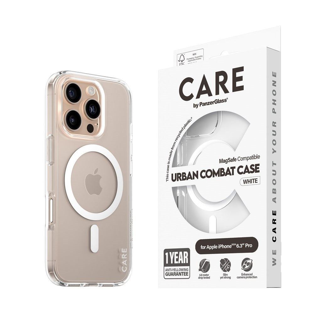 CARE by PanzerGlass iPhone 16 Pro FLAGSHIP Urban Combat-deksel - MagSafe-kompatibel - Gjennomsiktig / Hvit